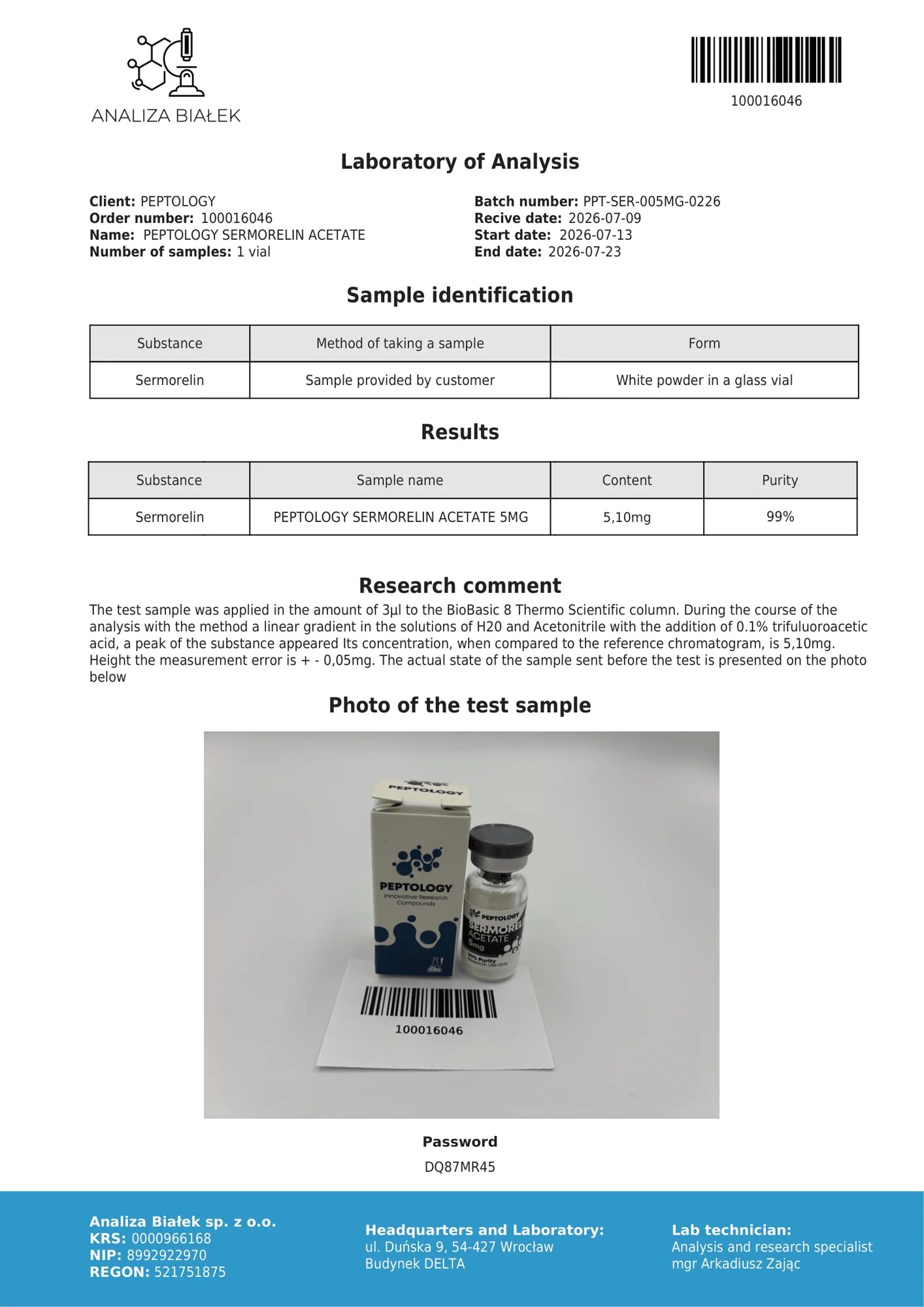 Sermorelin 5 mg – certifikát čistoty HPLC, šarže 0226