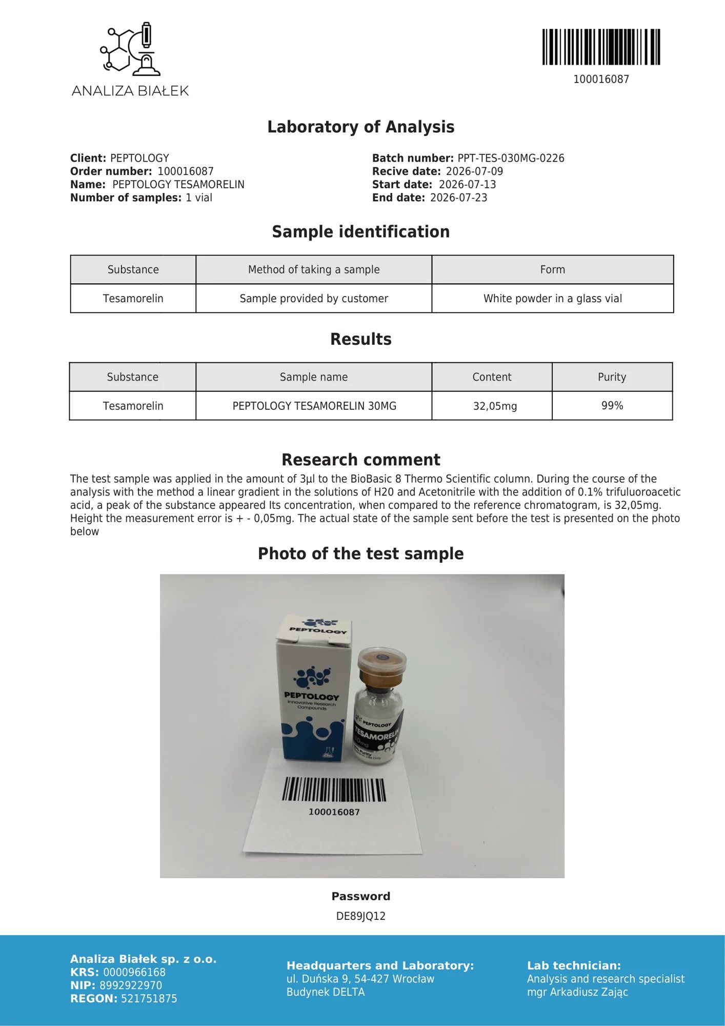 Tesamorelin 30 mg – certifikát čistoty HPLC, šarže 0226