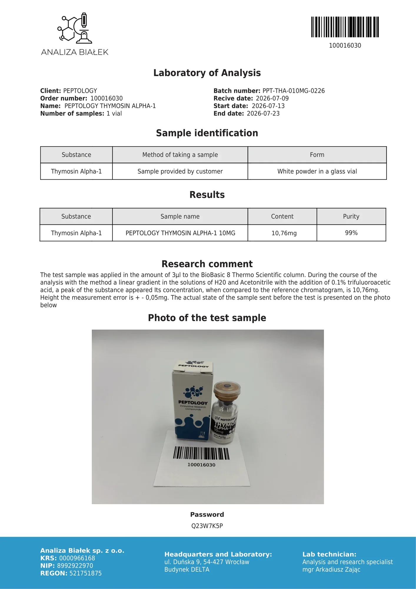 Thymosin Alpha-1 10 mg – certifikát čistoty HPLC, šarže 0226