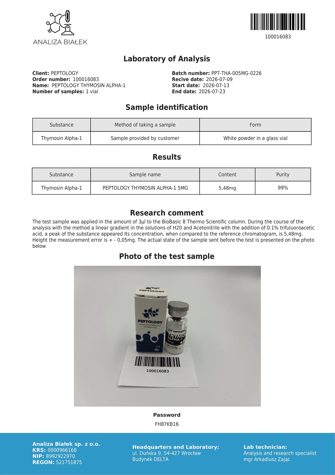 Thymosin Alpha-1 5 mg – certifikát čistoty HPLC, šarže 0226