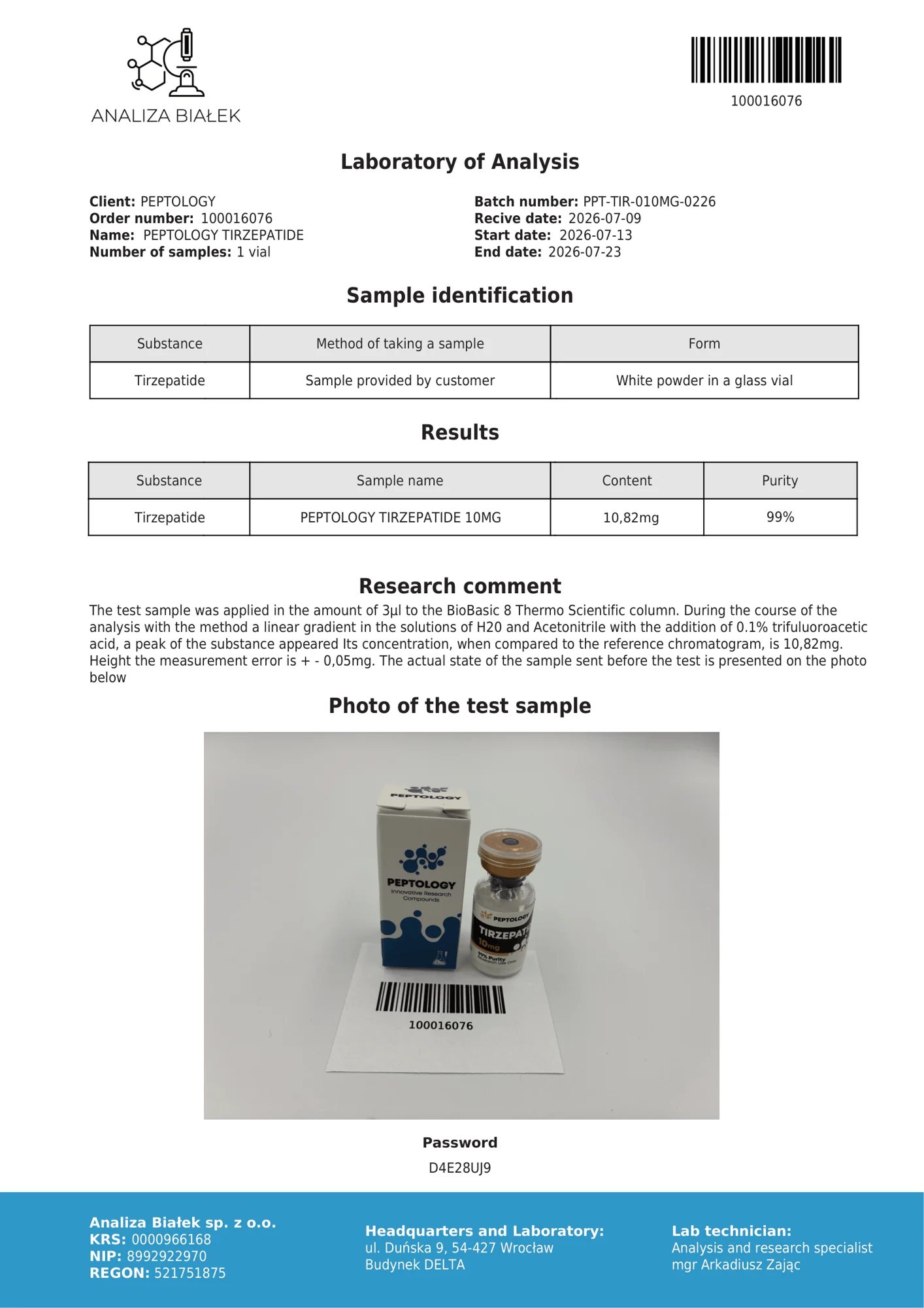 Tirzepatide 10 mg – certifikát čistoty HPLC, šarže 0226