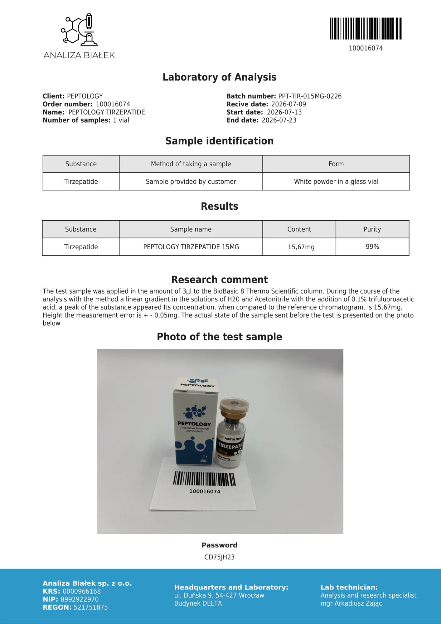 Tirzepatide 15 mg – certifikát čistoty HPLC, šarže 0226