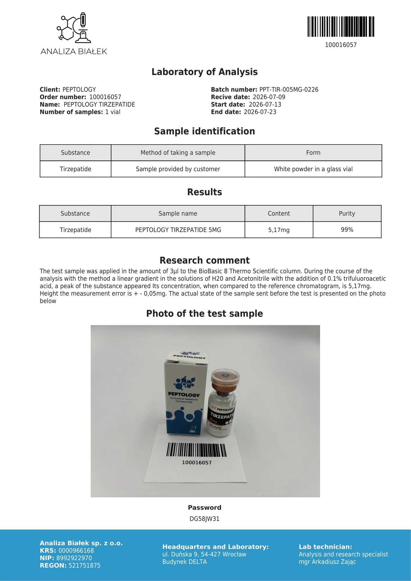 Tirzepatide 5 mg – certifikát čistoty HPLC, šarže 0226