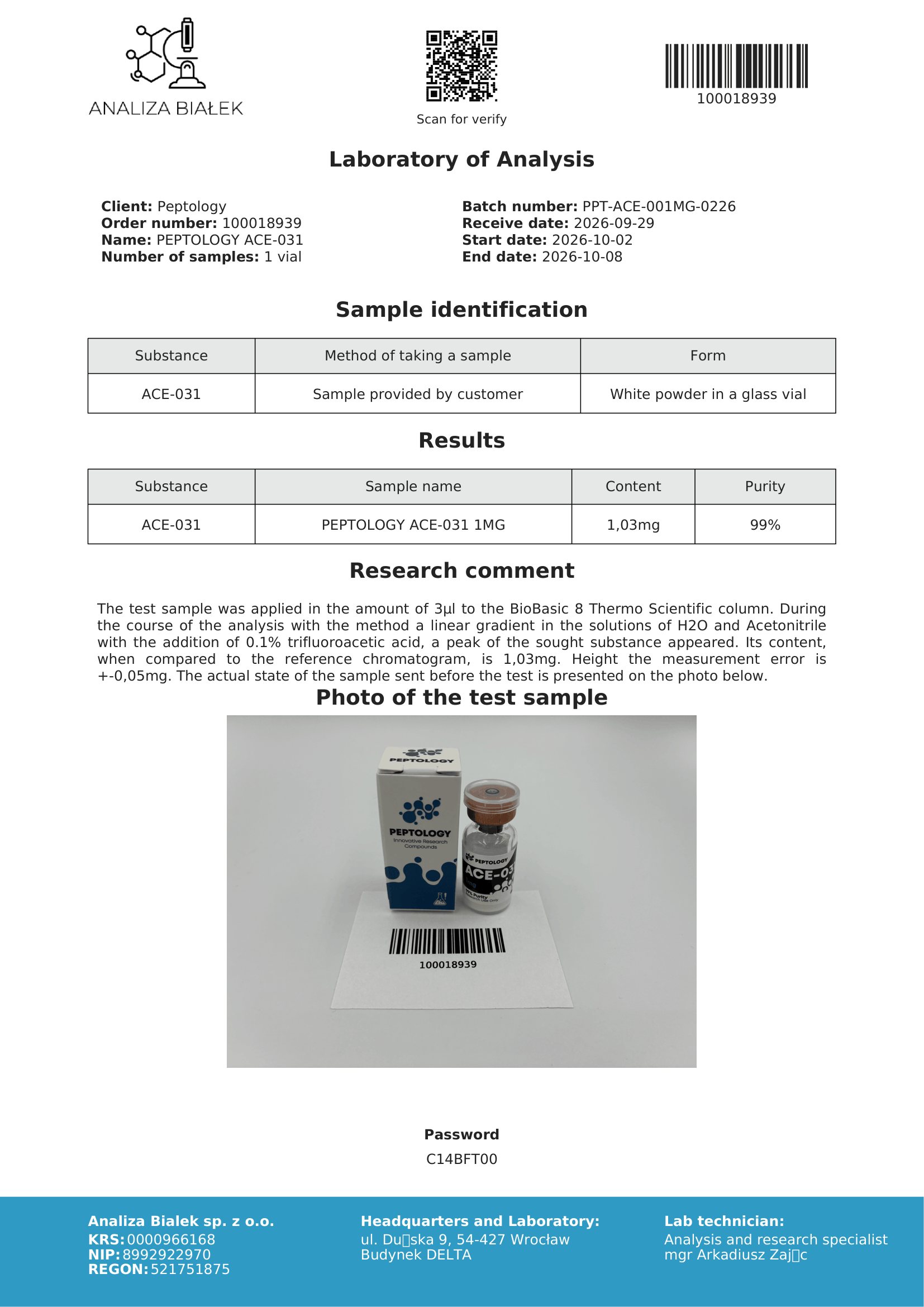 ACE-031 – certifikát čistoty HPLC, šarže 0226