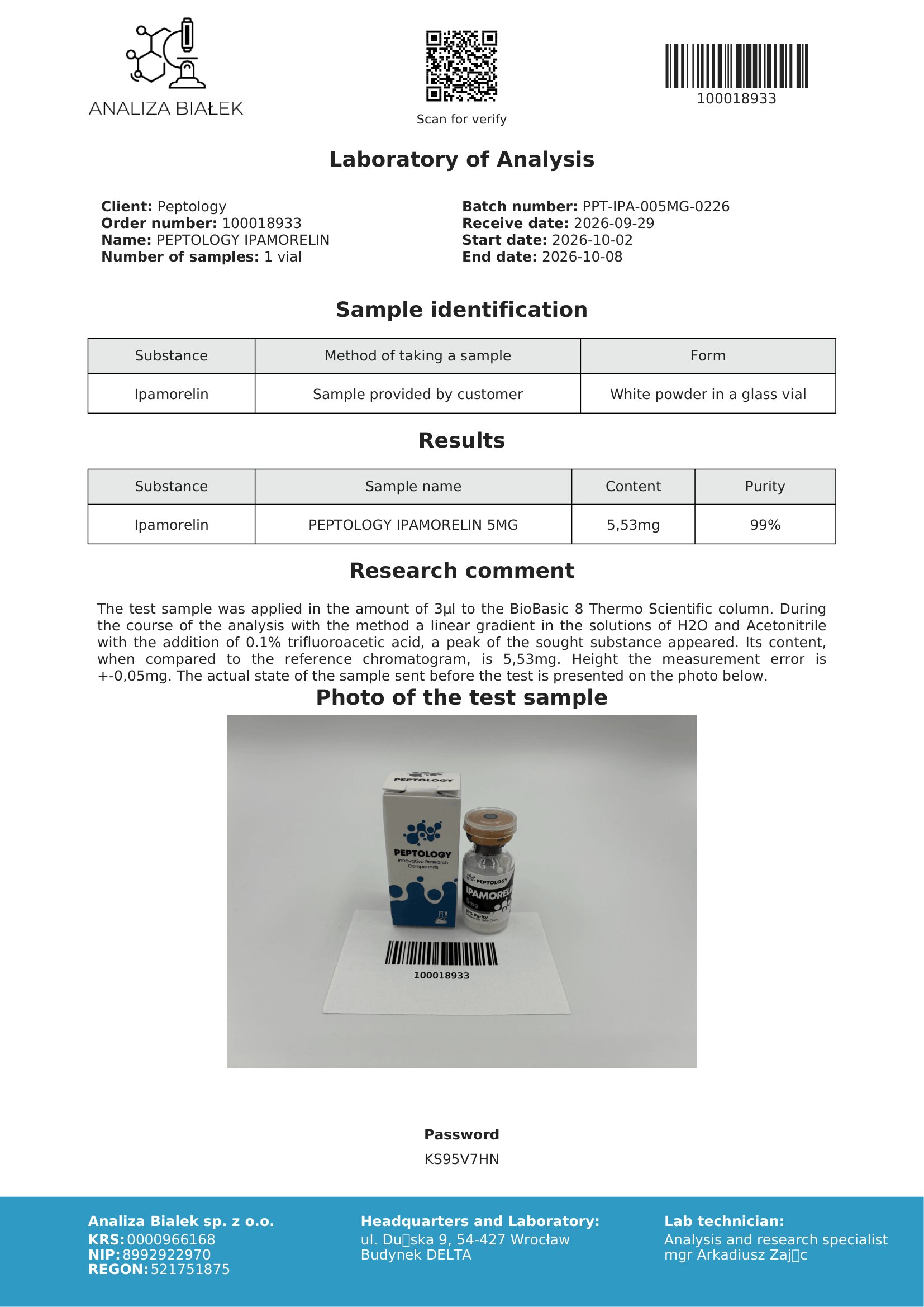 Ipamorelin 5 mg – certifikát čistoty HPLC, šarže 0226