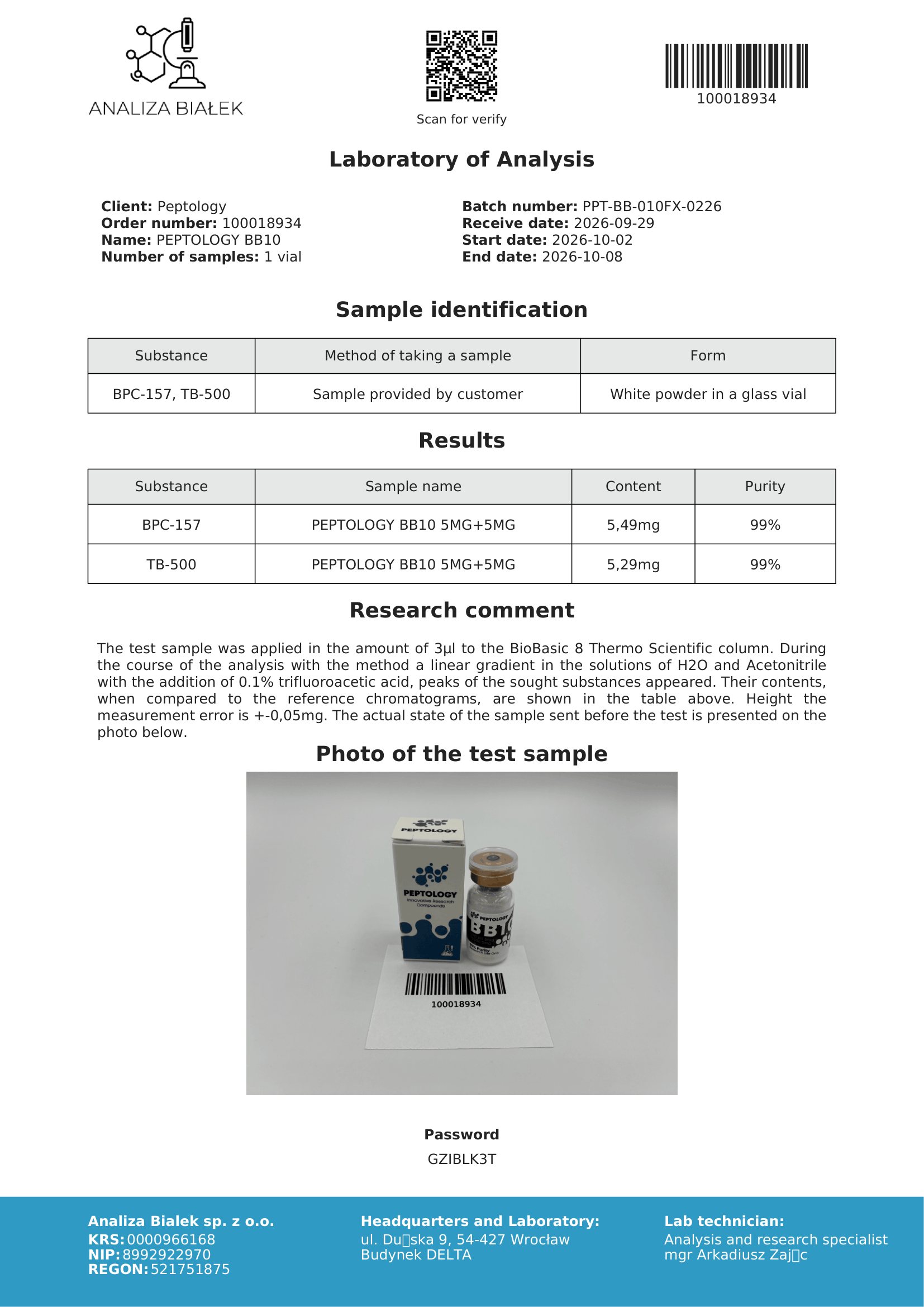BB10 – certifikát čistoty HPLC, šarže 0226