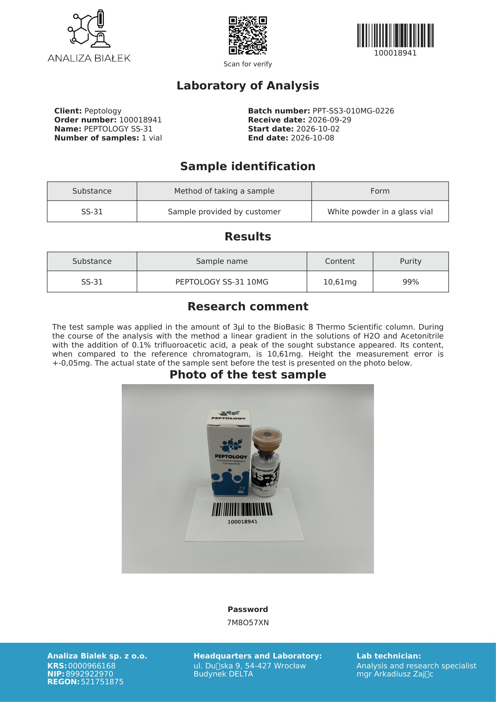 SS‑31 10 mg – certifikát čistoty HPLC, šarže 0226
