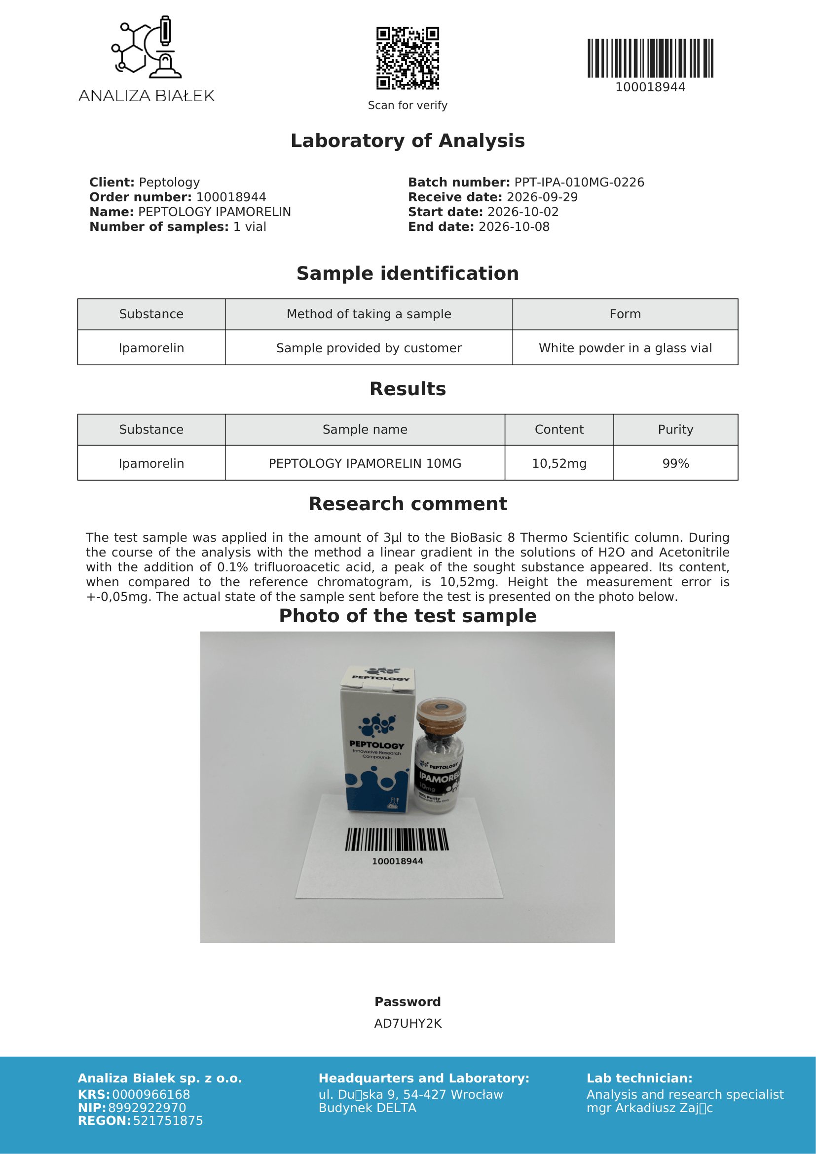 Ipamorelin 10 mg – certifikát čistoty HPLC, šarže 0226