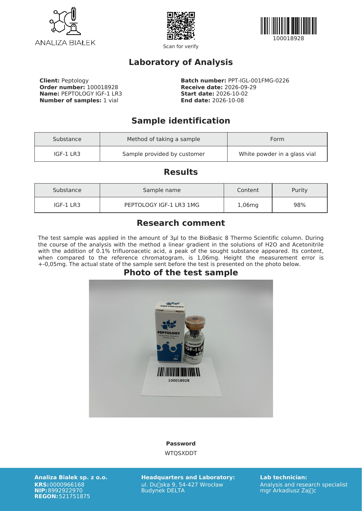IGF‑1 LR3 1 mg – certifikát čistoty HPLC, šarže 0226
