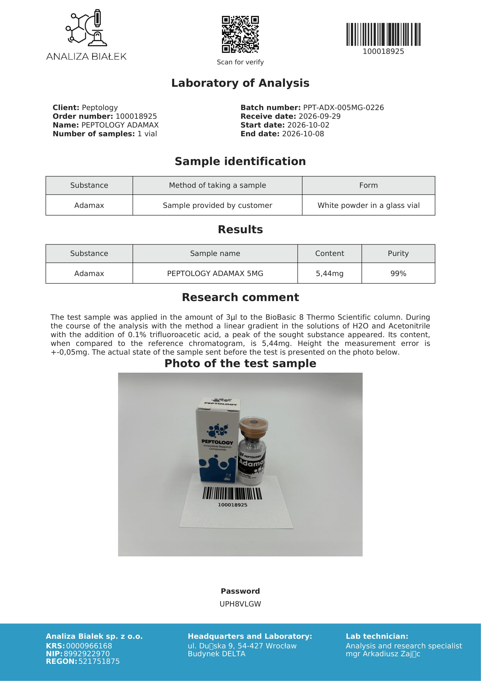 Adamax – certifikát čistoty HPLC, šarže 0226