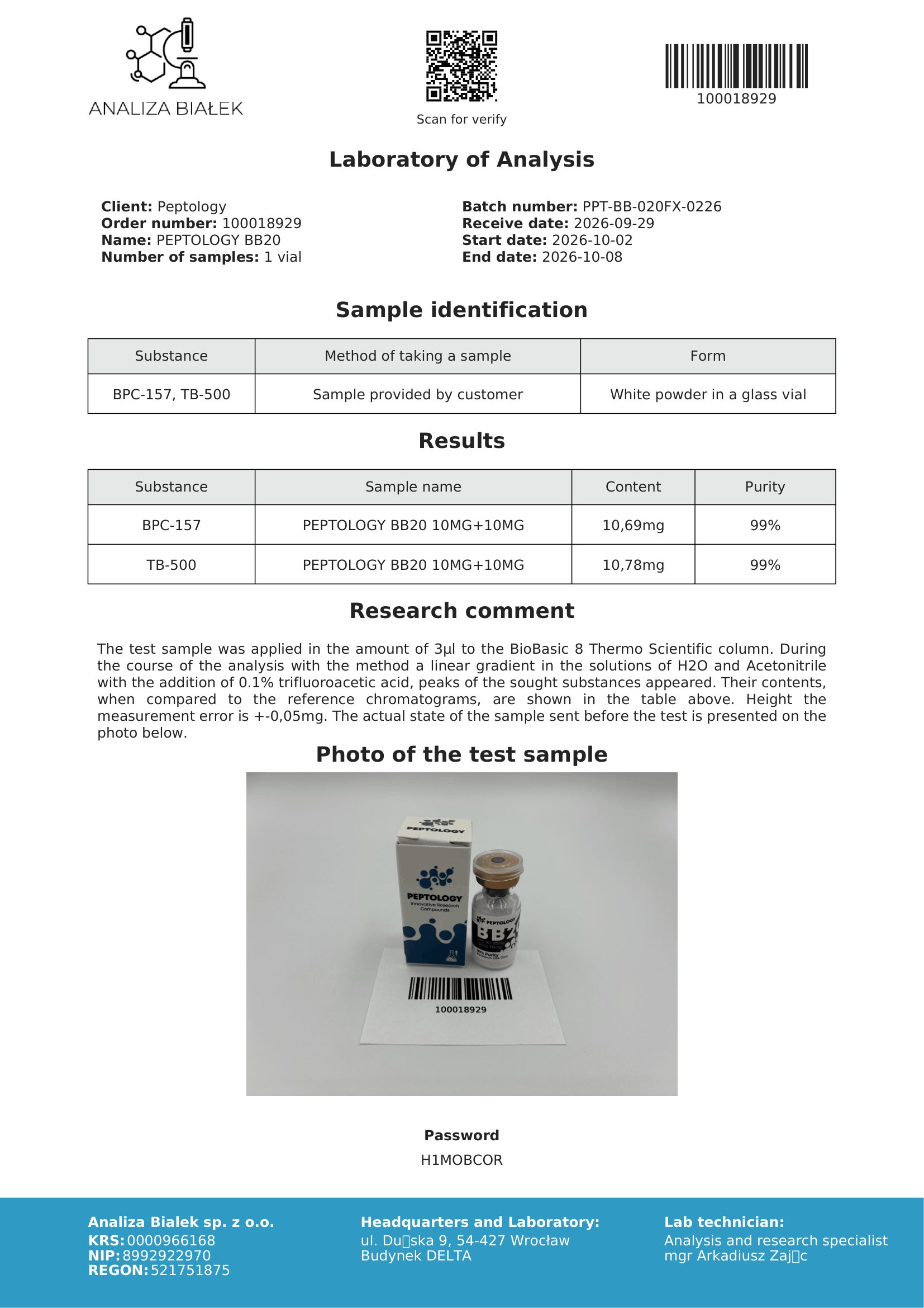 BB20 – certifikát čistoty HPLC, šarže 0226