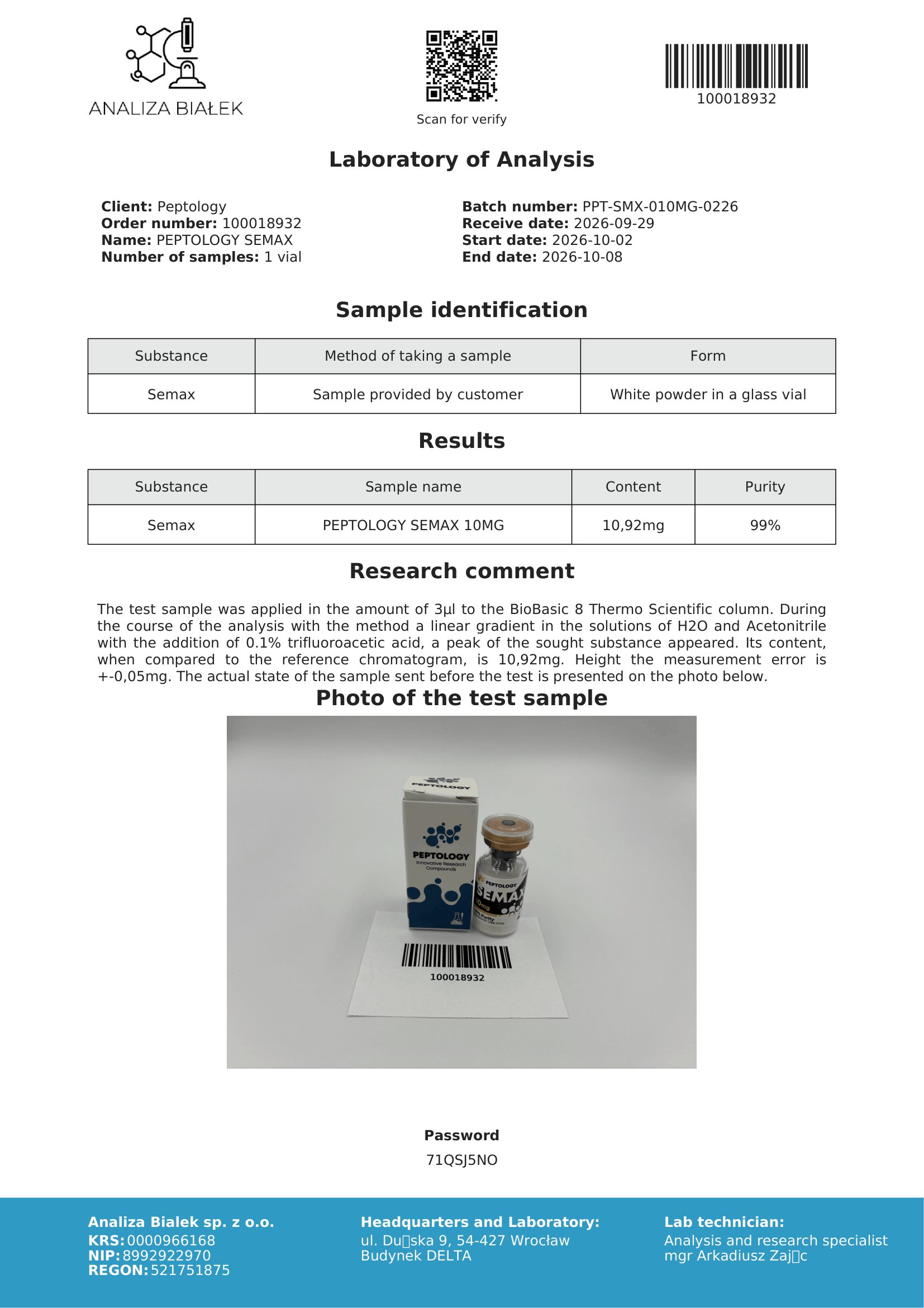 Semax 10 mg – certifikát čistoty HPLC, šarže 0226