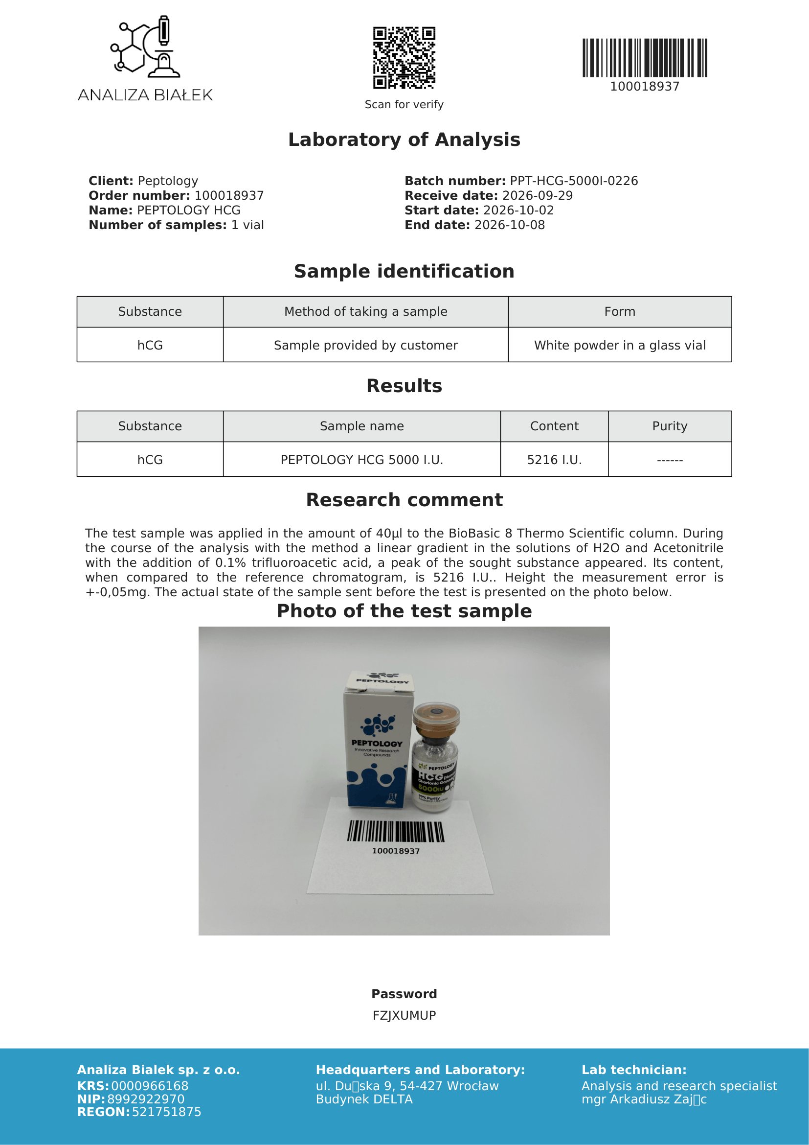 HCG – certifikát čistoty HPLC, šarže 0226